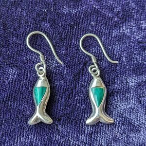 Vintage 925 Sterling Silver Drop Earrings With Green Malachite Gemstones
